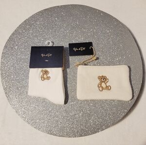 John Galt Embroidered Teddy Bear Ankle Socks and Coin Purse 2 Piece Set New